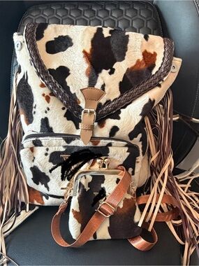 Faux Cowhide Fringe Backpack and Mini Crossbody Set - Brown & Black Pattern